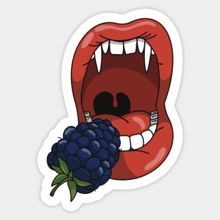 Mouth with vampire teeth about to take a bite into a blue berry Sticker